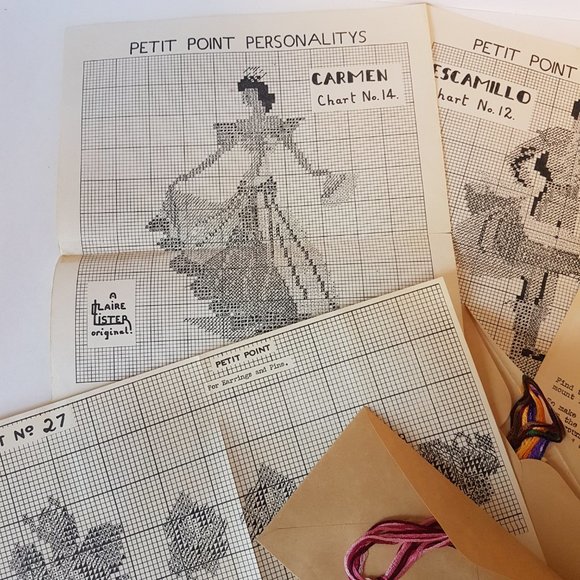 Vintage Petit Point Patterns Rose Jewelry Pins and Earrings and Spanish Dancers - Picture 3 of 8